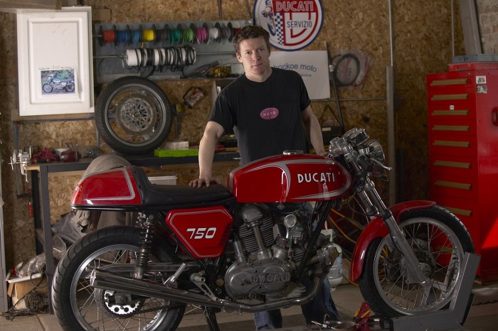 Matthew Crawford in his motorcycle repair shop (Photo: Ariel Skelley)
